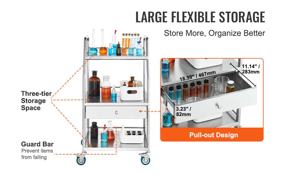 3-Tier Stainless Steel Rolling Lab Cart with Drawer & Locking Wheels - Image 11