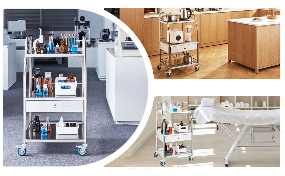 3-Tier Stainless Steel Rolling Lab Cart with Drawer & Locking Wheels - Image 12