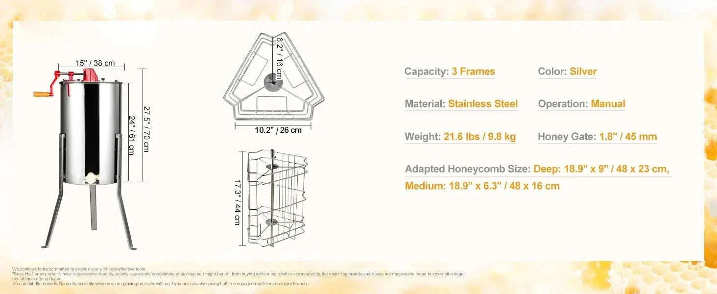 Manual 3-Frame Honey Extractor Stainless Steel Beekeeping Spinner - Image 16