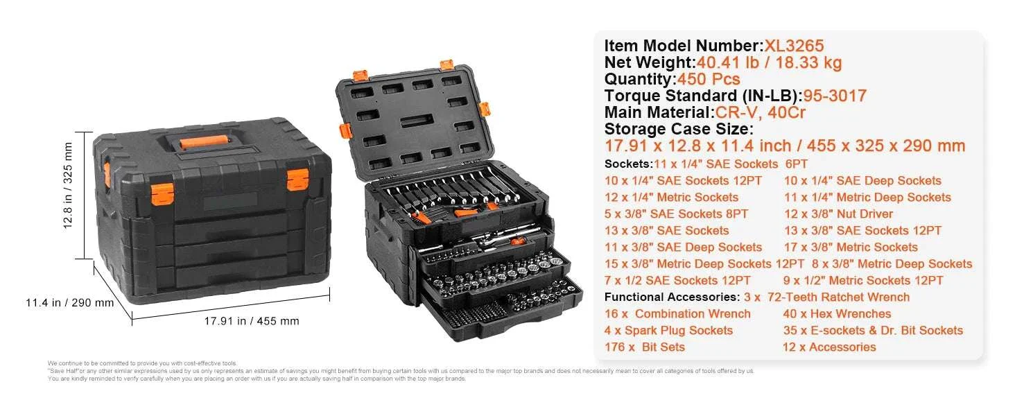 450-Piece Mechanics Tool Set SAE & Metric Socket Kit - Image 13