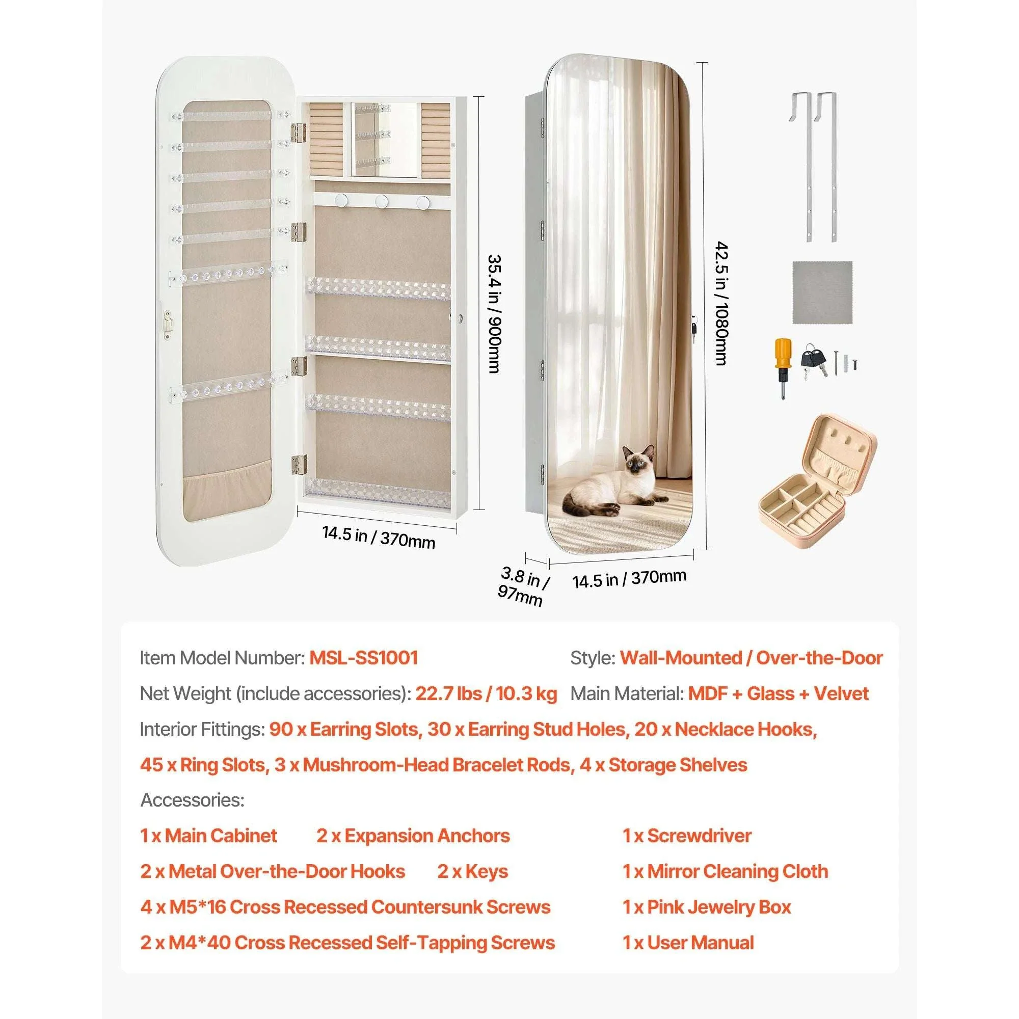 Full-Length Mirror Jewelry Cabinet with Lock & Hidden Storage - Image 19