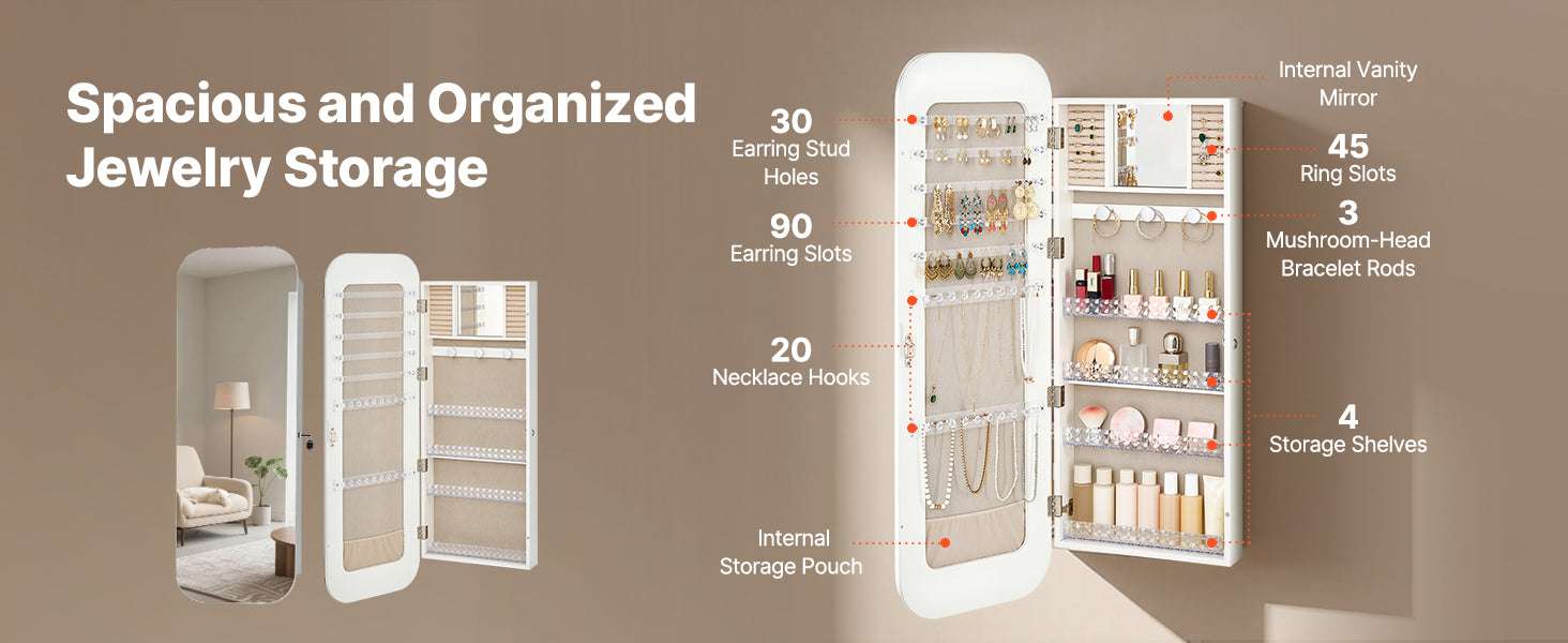 Full-Length Mirror Jewelry Cabinet with Lock & Hidden Storage - Image 9