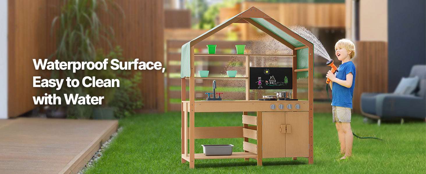 Outdoor Mud Kitchen Playset with Canopy, Faucet & Cookware Set - Image 14
