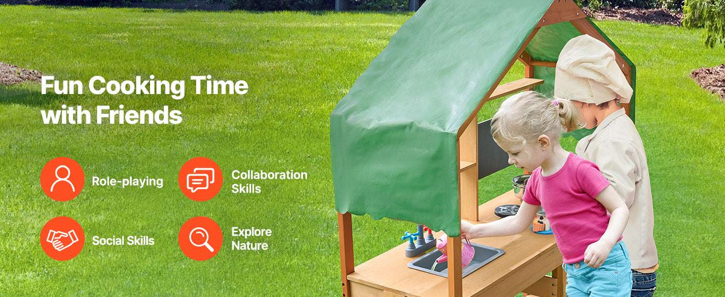 Outdoor Mud Kitchen Playset with Canopy, Faucet & Cookware Set - Image 15