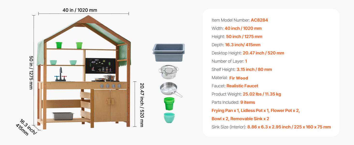 Outdoor Mud Kitchen Playset with Canopy, Faucet & Cookware Set - Image 19
