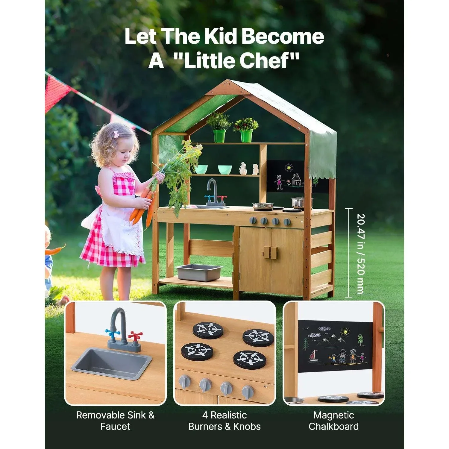 Outdoor Mud Kitchen Playset with Canopy, Faucet & Cookware Set - Image 4