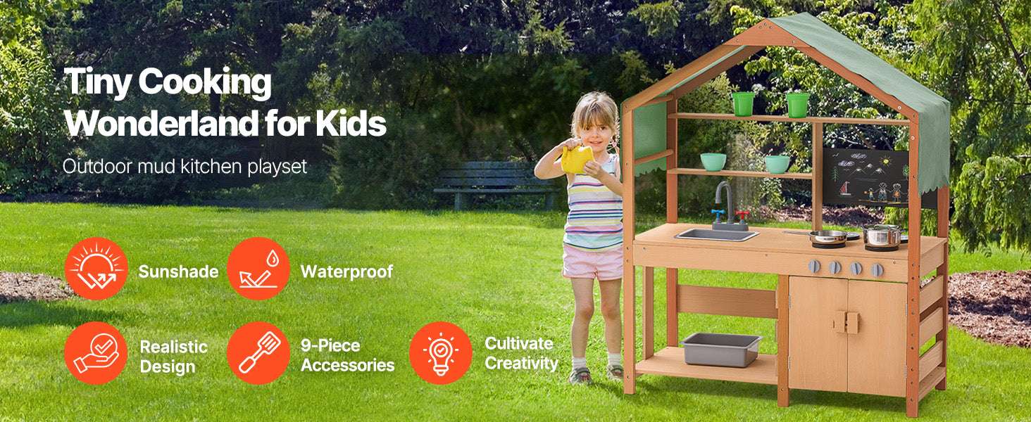 Outdoor Mud Kitchen Playset with Canopy, Faucet & Cookware Set - Image 8