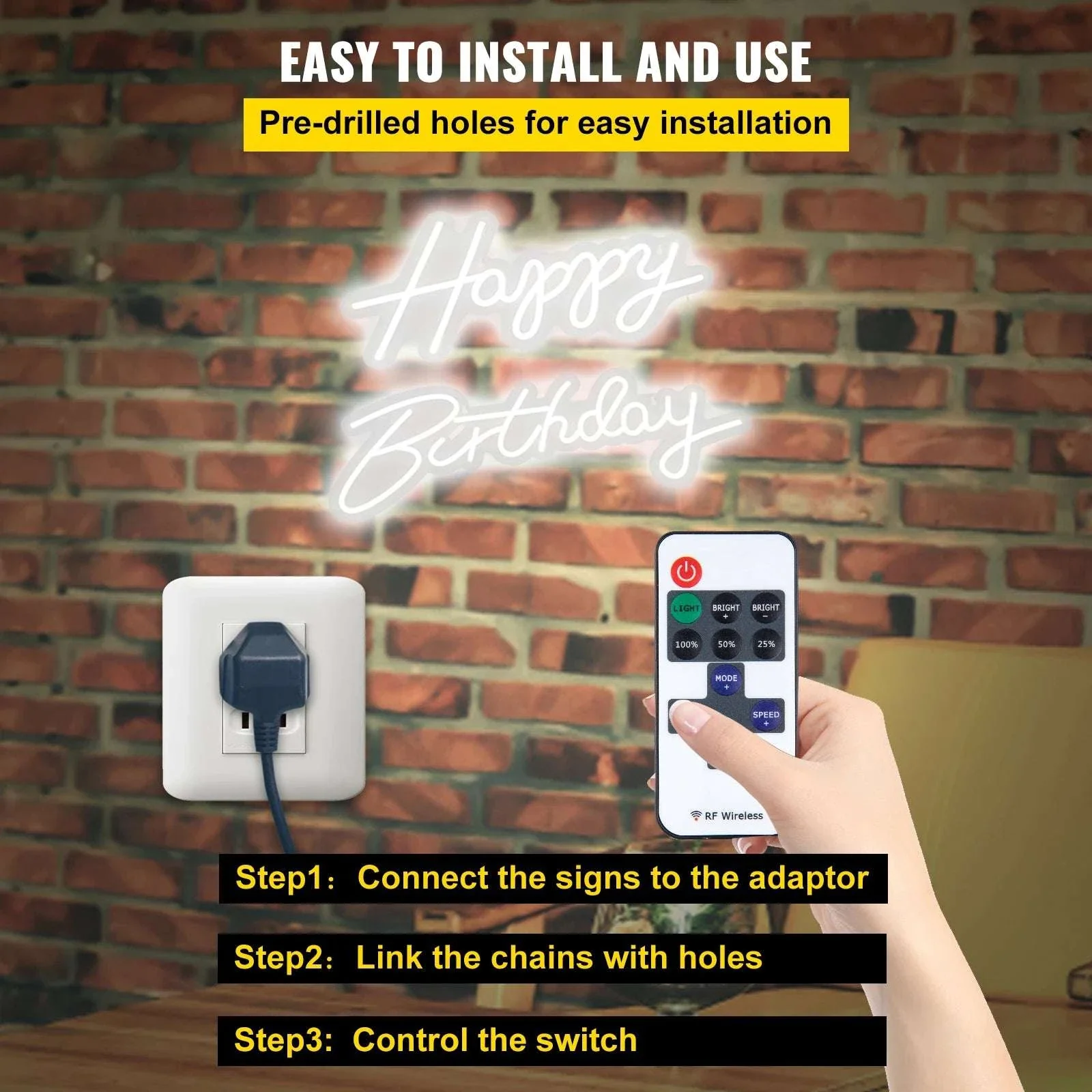 Happy Birthday LED Neon Sign with Remote & Adjustable Brightness - Image 5