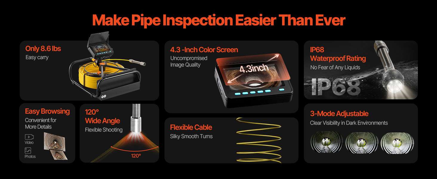 Pipe Inspection Camera with 4.3" Monitor DVR & IP68 Cable - Image 7