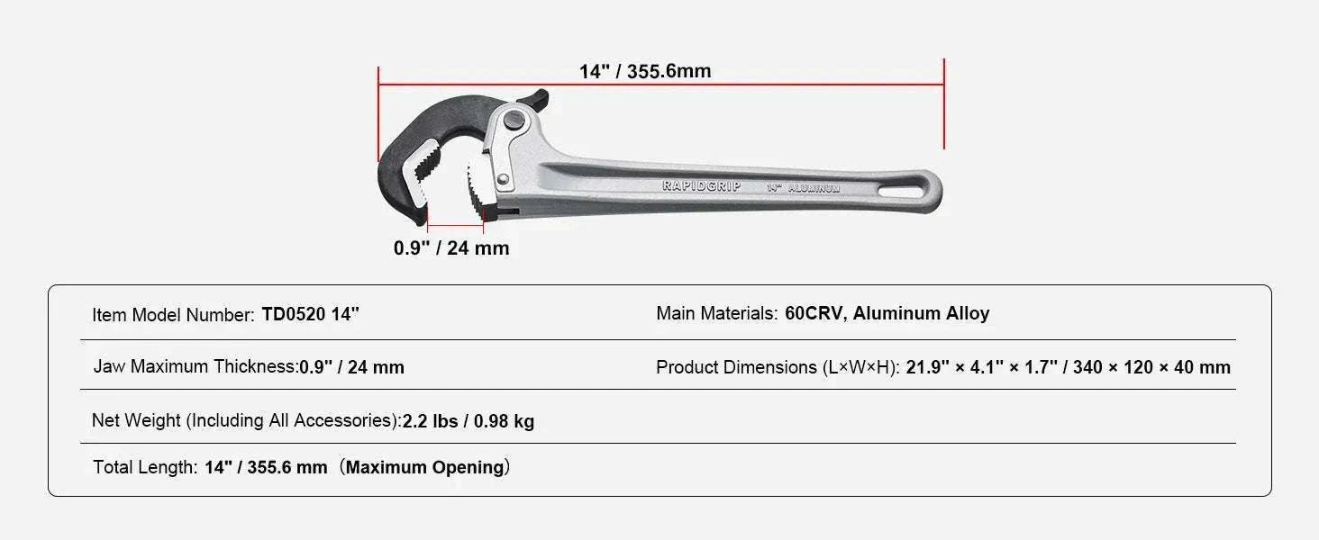24" Aluminum Pipe Wrench Adjustable 4.1" Jaw Heavy-Duty Grip - Image 15