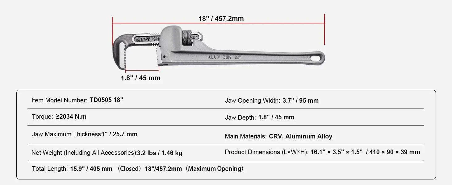 24" Aluminum Pipe Wrench Adjustable 4.1" Jaw Heavy-Duty Grip - Image 16