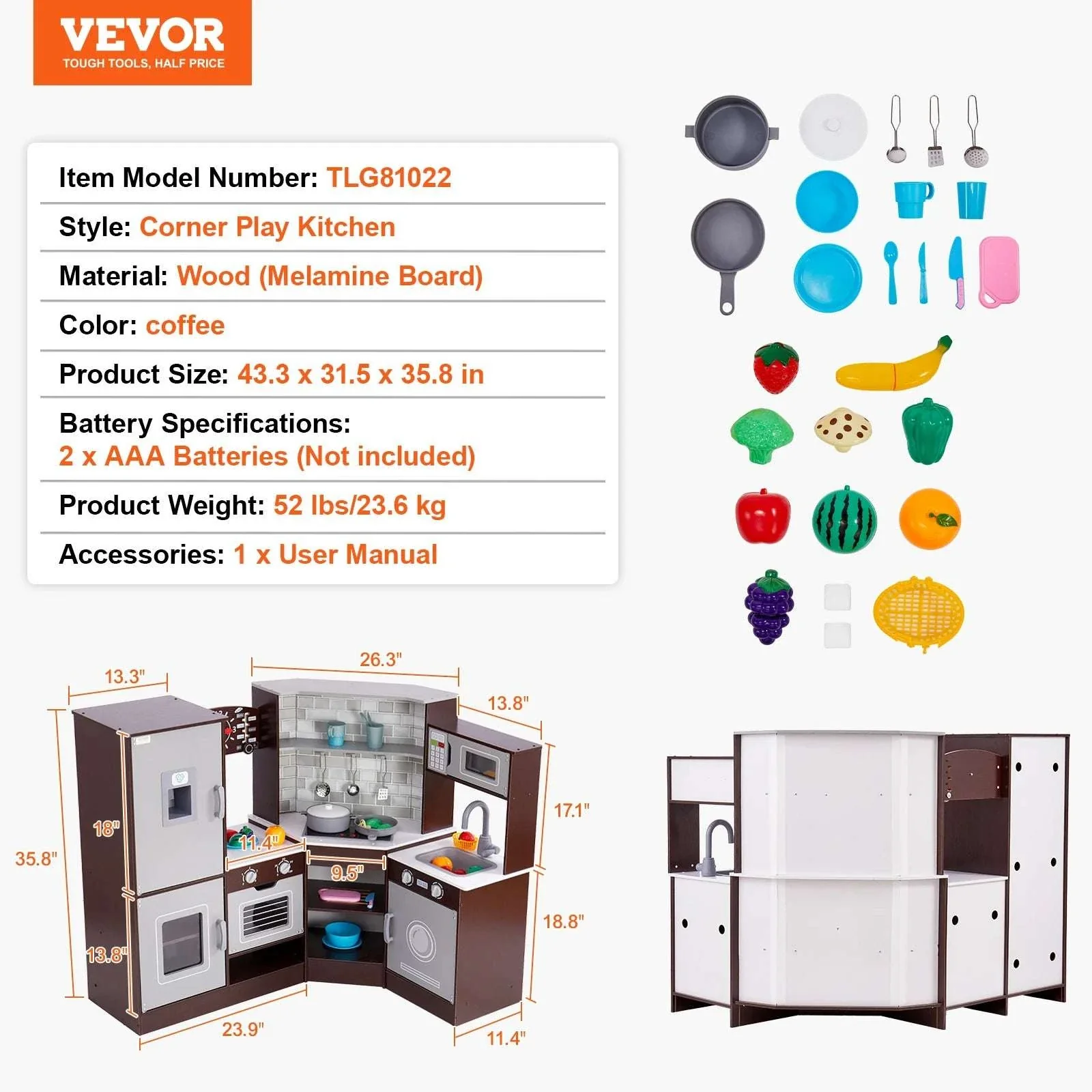 Wooden Kids Kitchen Playset with Lights, Sounds & 24 Accessories - Image 14