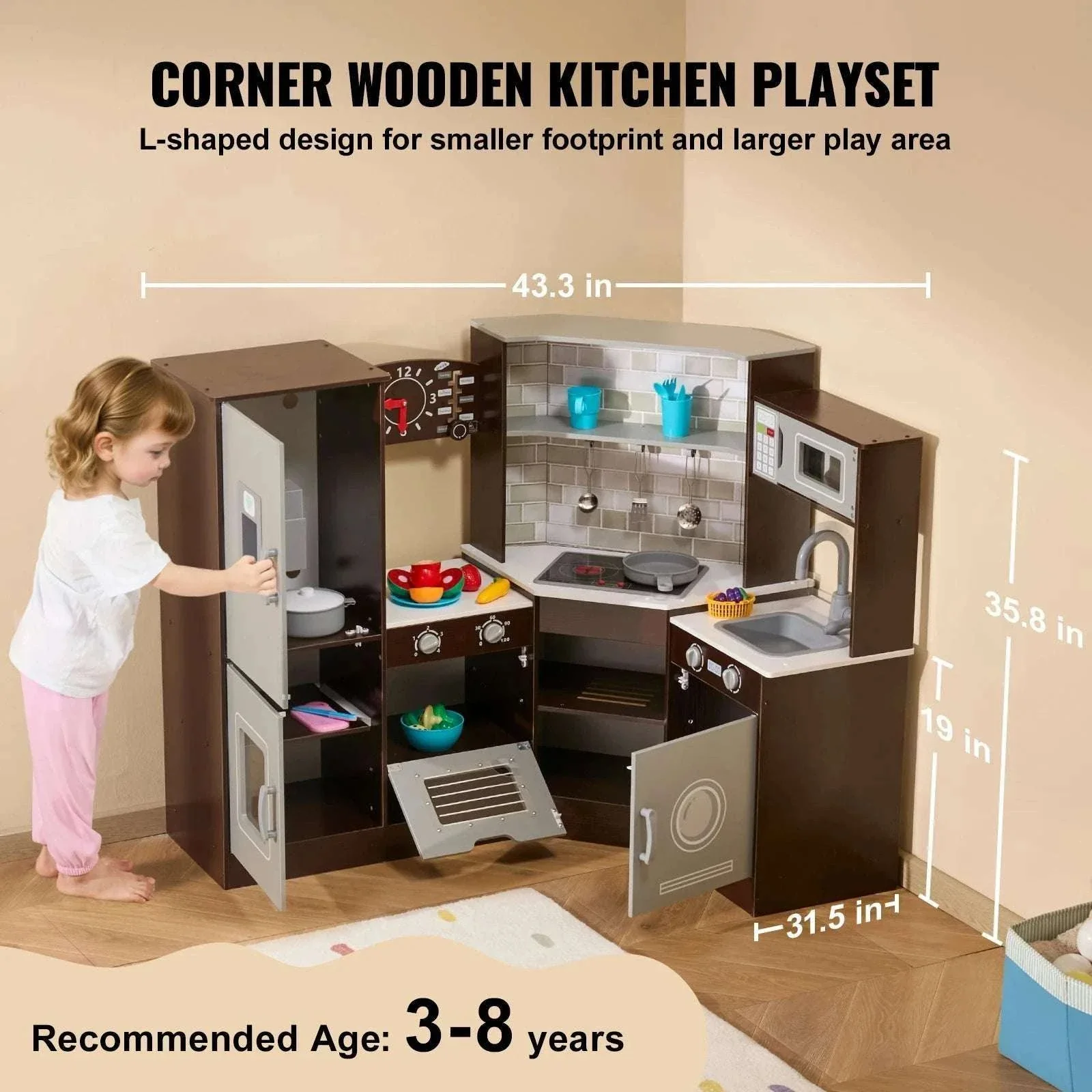 Wooden Kids Kitchen Playset with Lights, Sounds & 24 Accessories - Image 3
