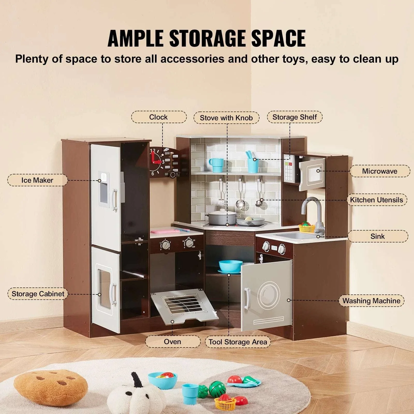 Wooden Kids Kitchen Playset with Lights, Sounds & 24 Accessories - Image 6