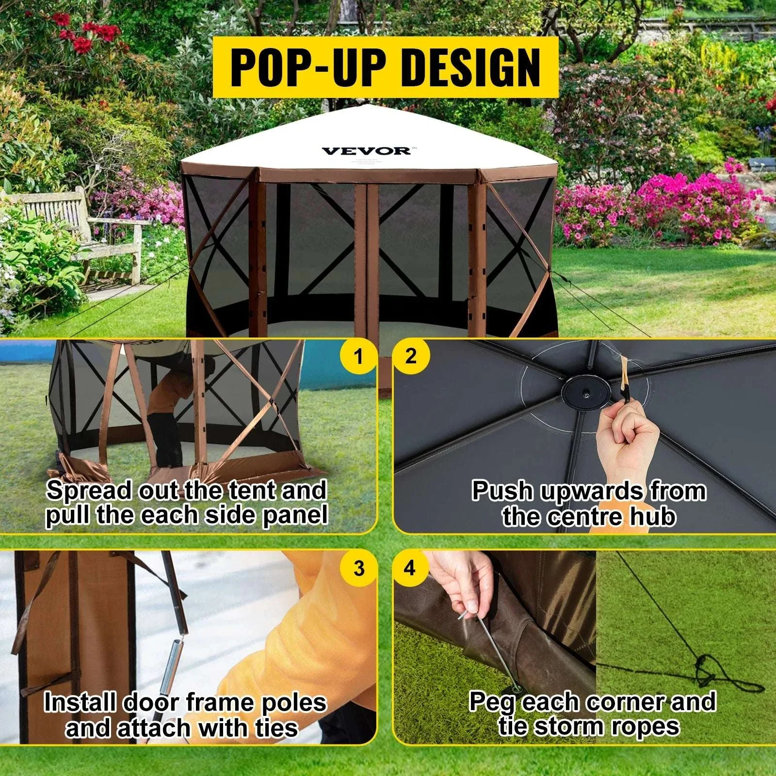 Pop-Up 6-Sided Camping Gazebo Tent with Screen & Wind Panels - Image 4