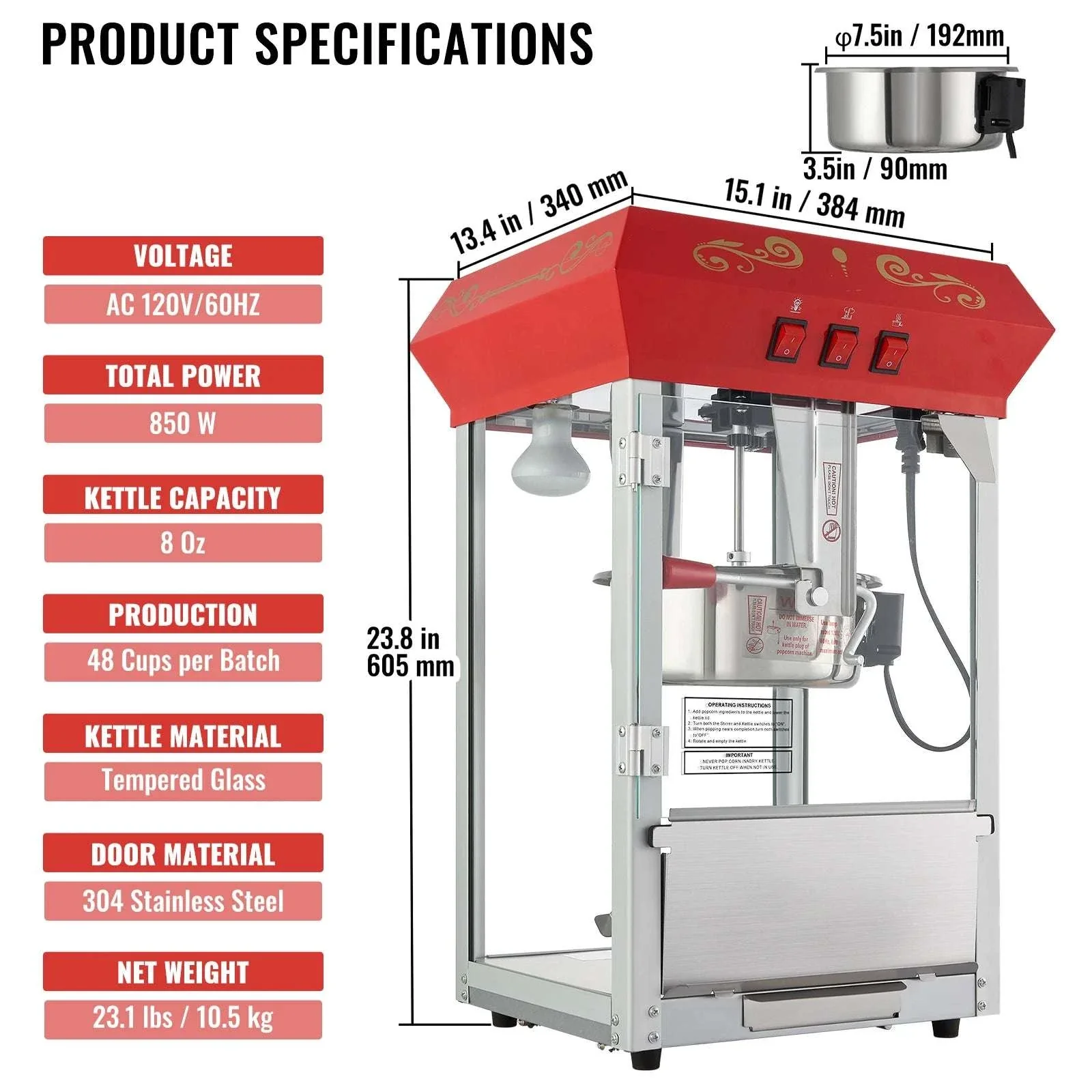 Countertop Popcorn Maker Machine 8oz 48 Cups Movie Style - Image 19