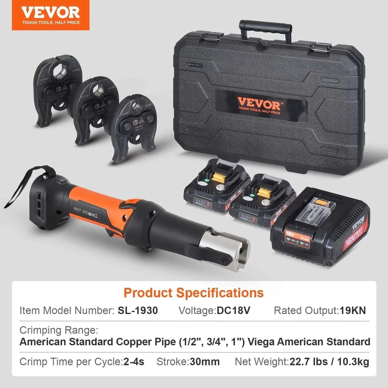 18V Cordless Pipe Crimping Tool Kit with 3 Jaws & 2 Batteries - Image 14