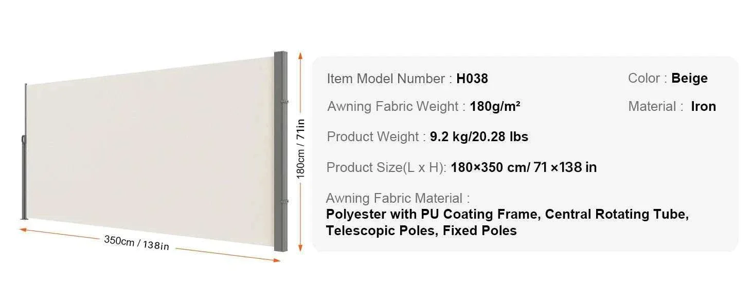 Retractable Side Awning Privacy Screen UV30+ Waterproof Patio Divider - Image 19