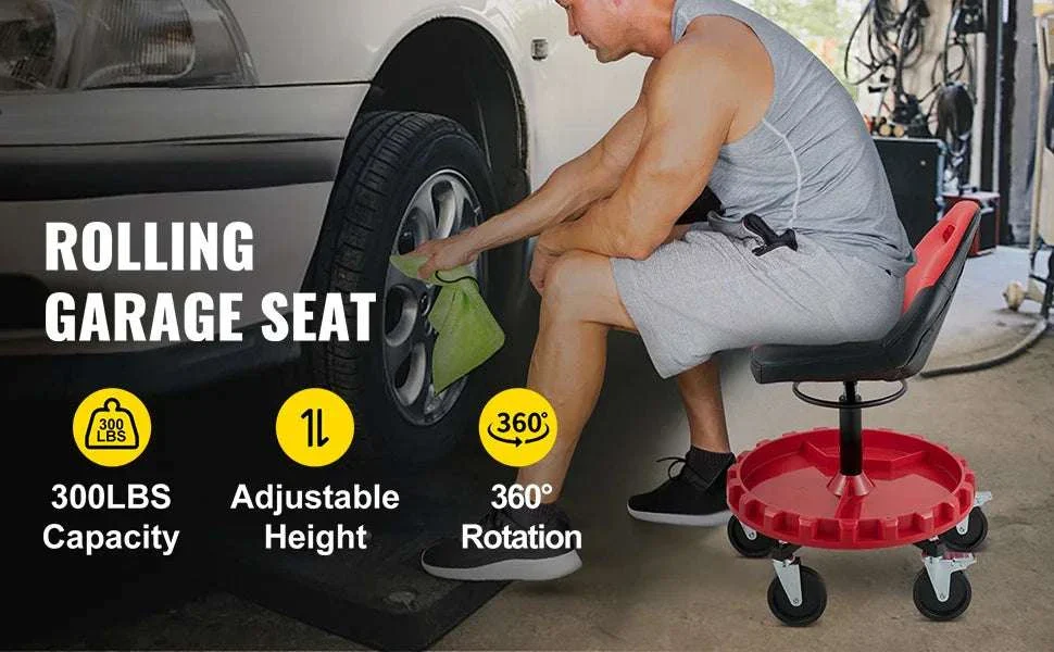 Adjustable Rolling Garage Stool with Tool Tray and Locking Wheels - Image 8