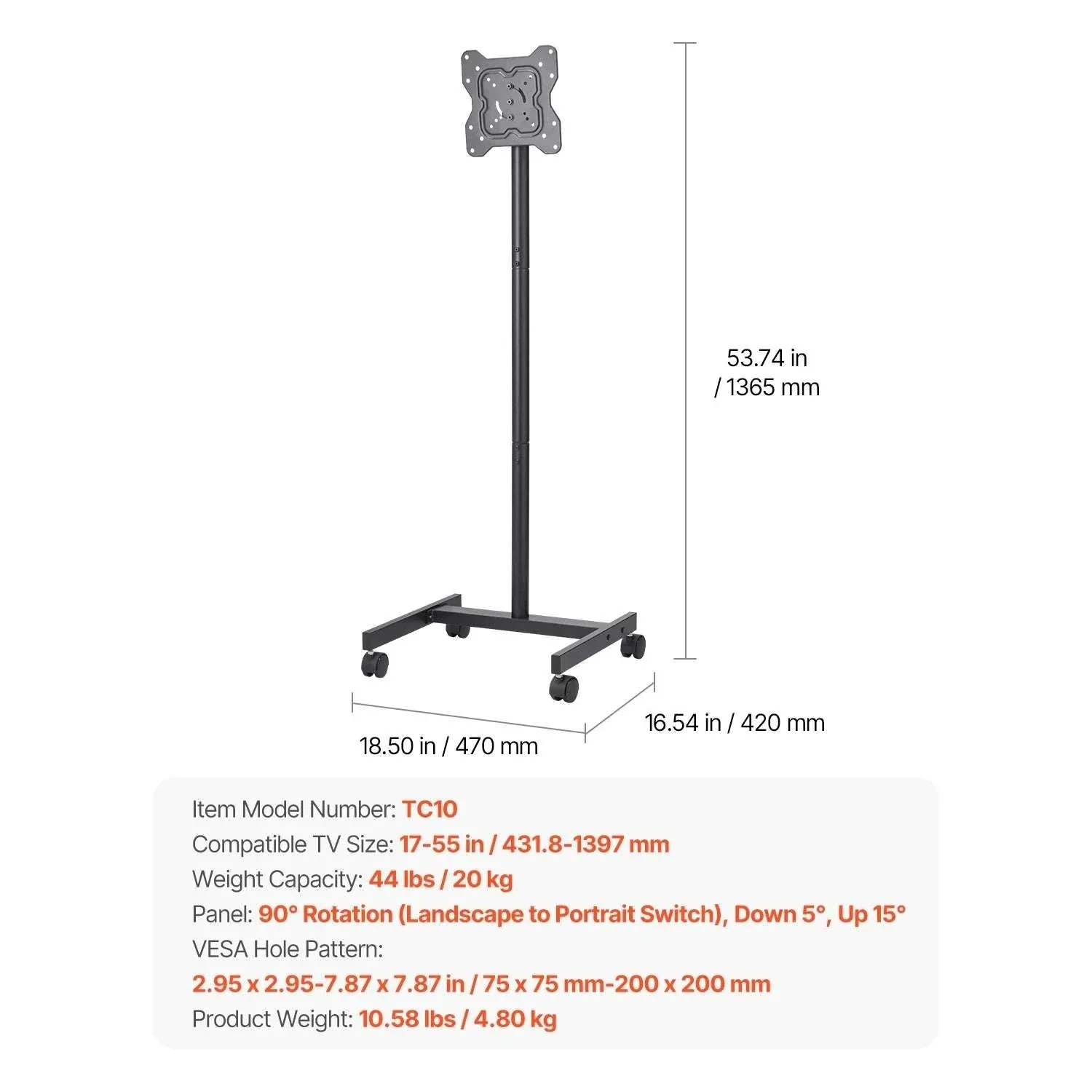 Rolling TV Stand with Wheels Adjustable Mobile TV Cart - Image 6