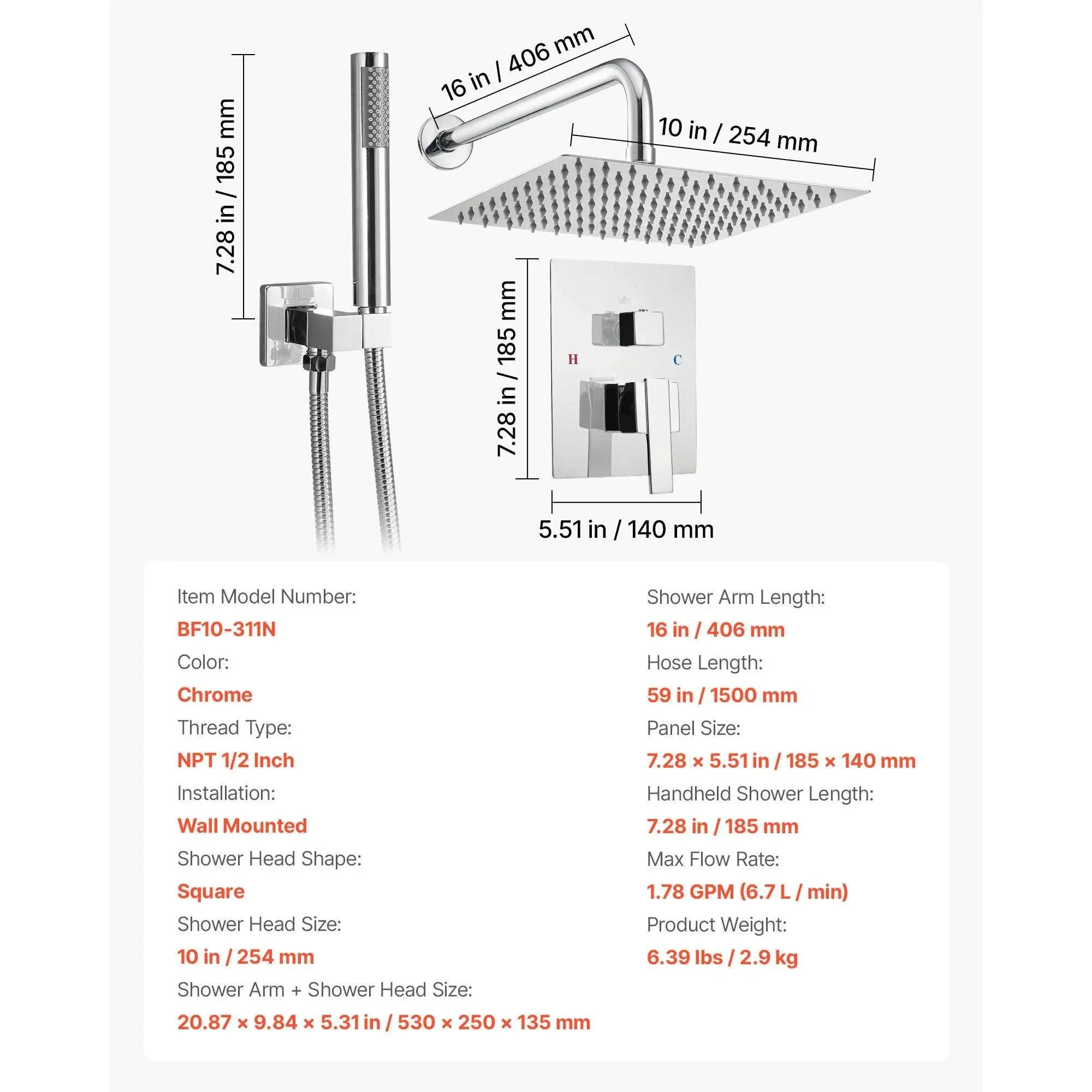 10-Inch Rainfall Shower System with Handheld Spray & Brass Valve - Image 31