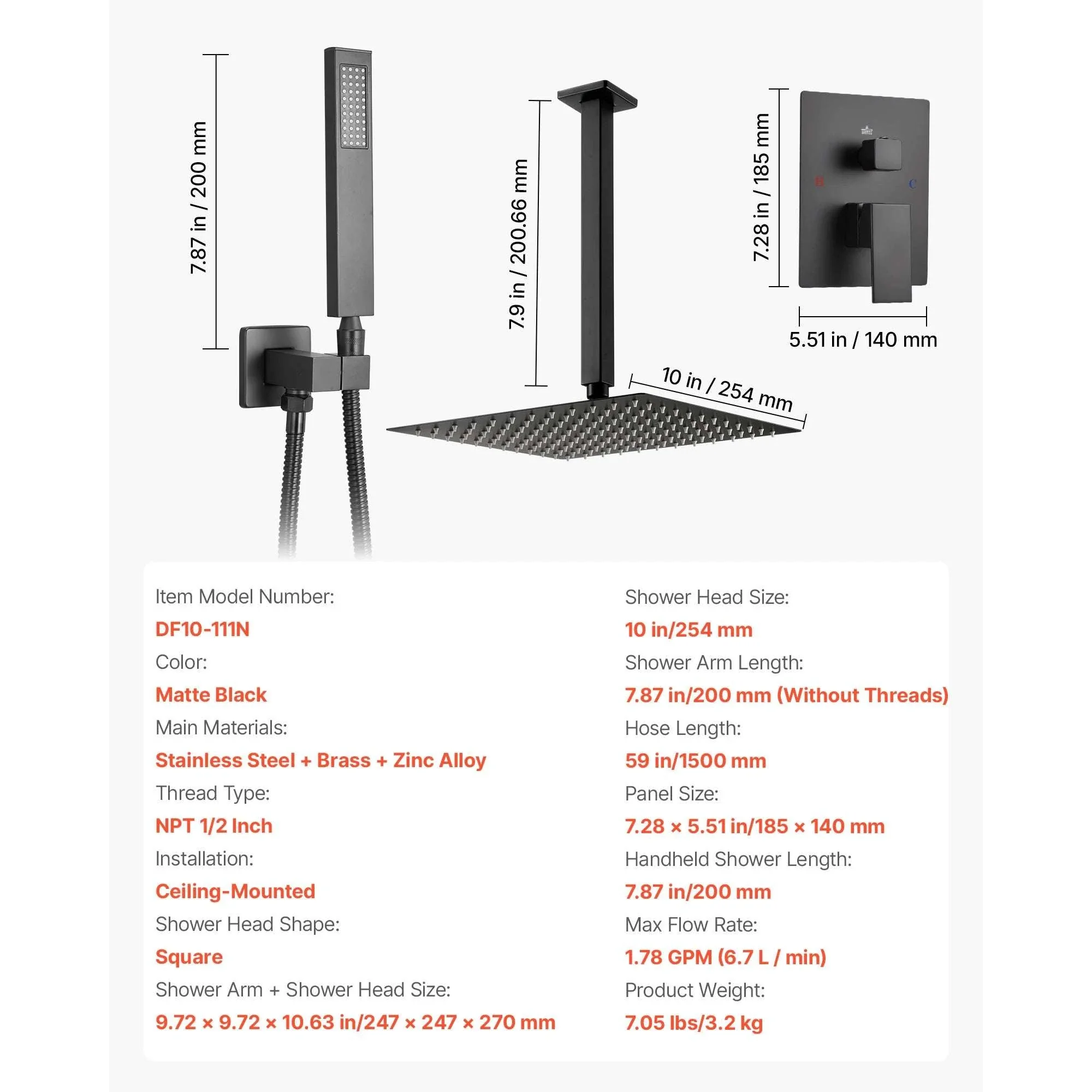 Rainfall Shower System with Ceiling Mount Head & Handheld Set - Image 22
