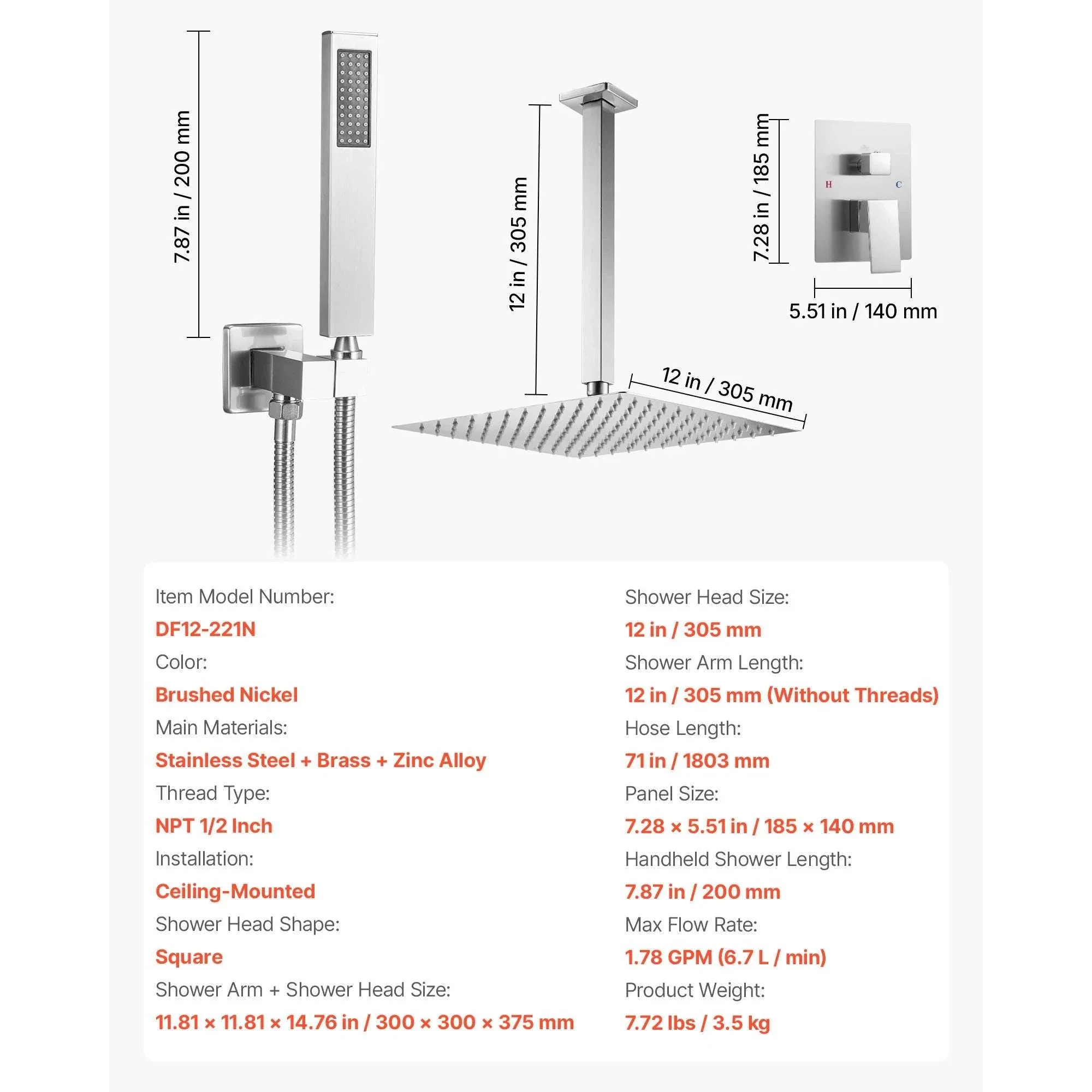 Rainfall Shower System with Ceiling Mount Head & Handheld Set - Image 23