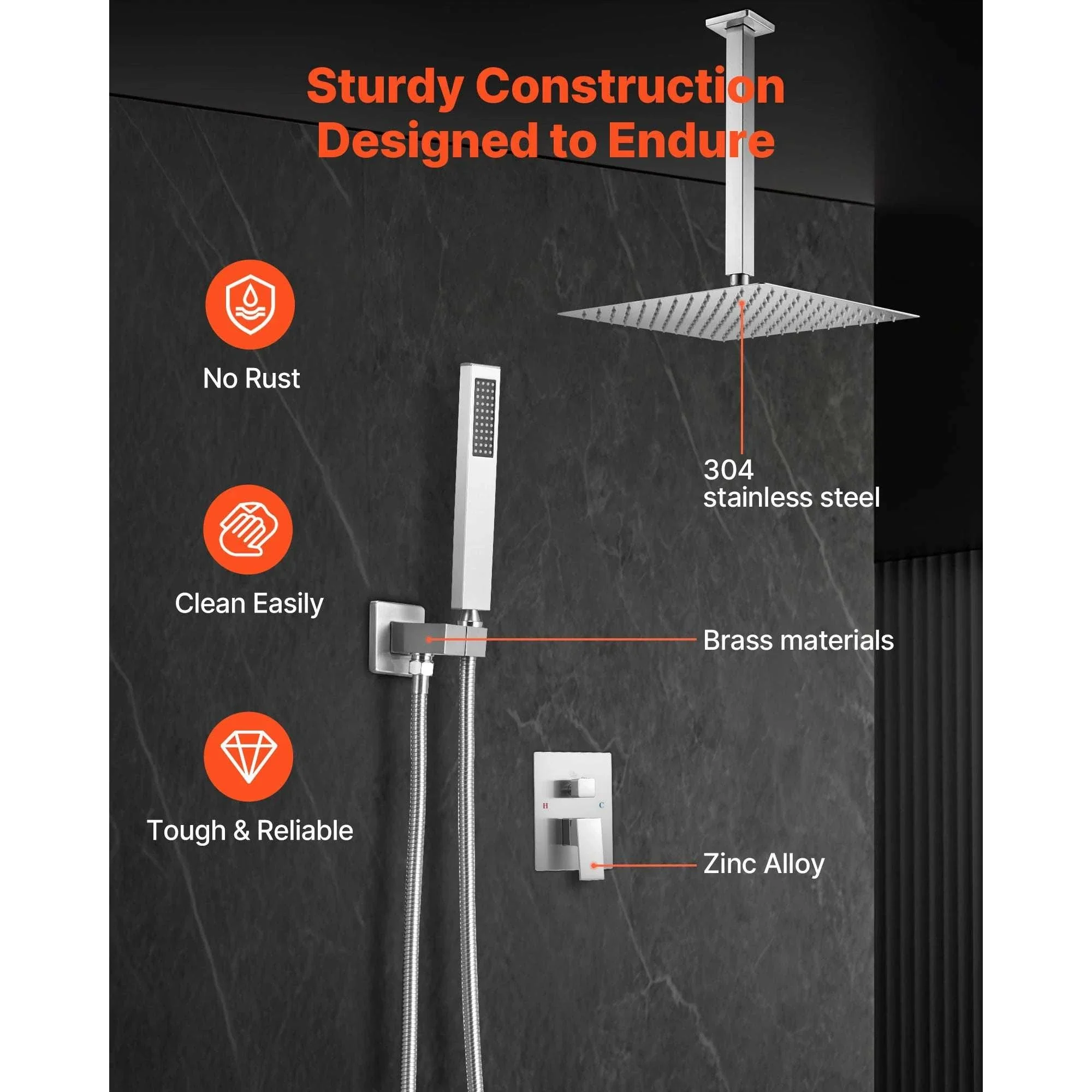 Rainfall Shower System with Ceiling Mount Head & Handheld Set - Image 6