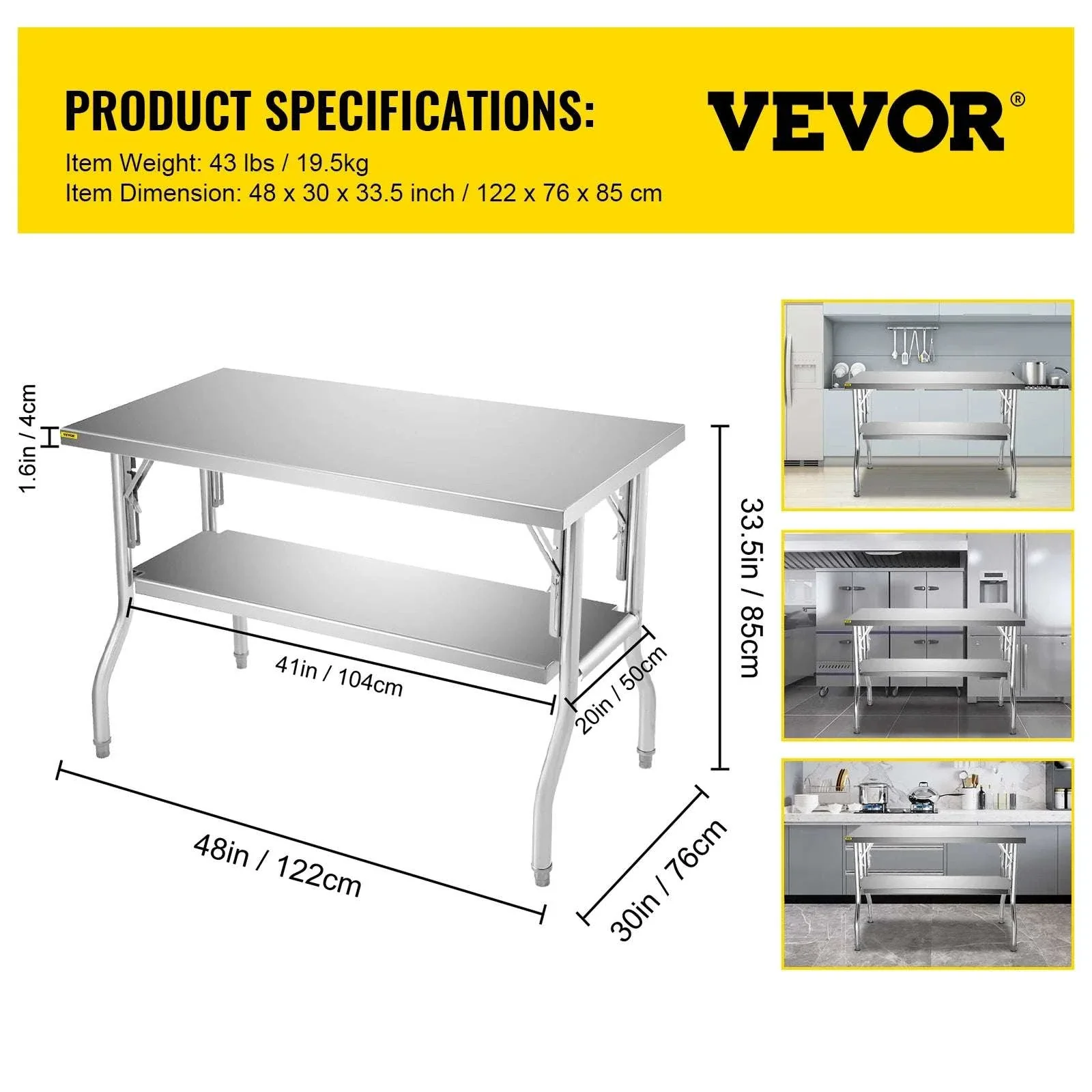 Stainless Steel Folding Work Table with Adjustable Shelf Storage - Image 19