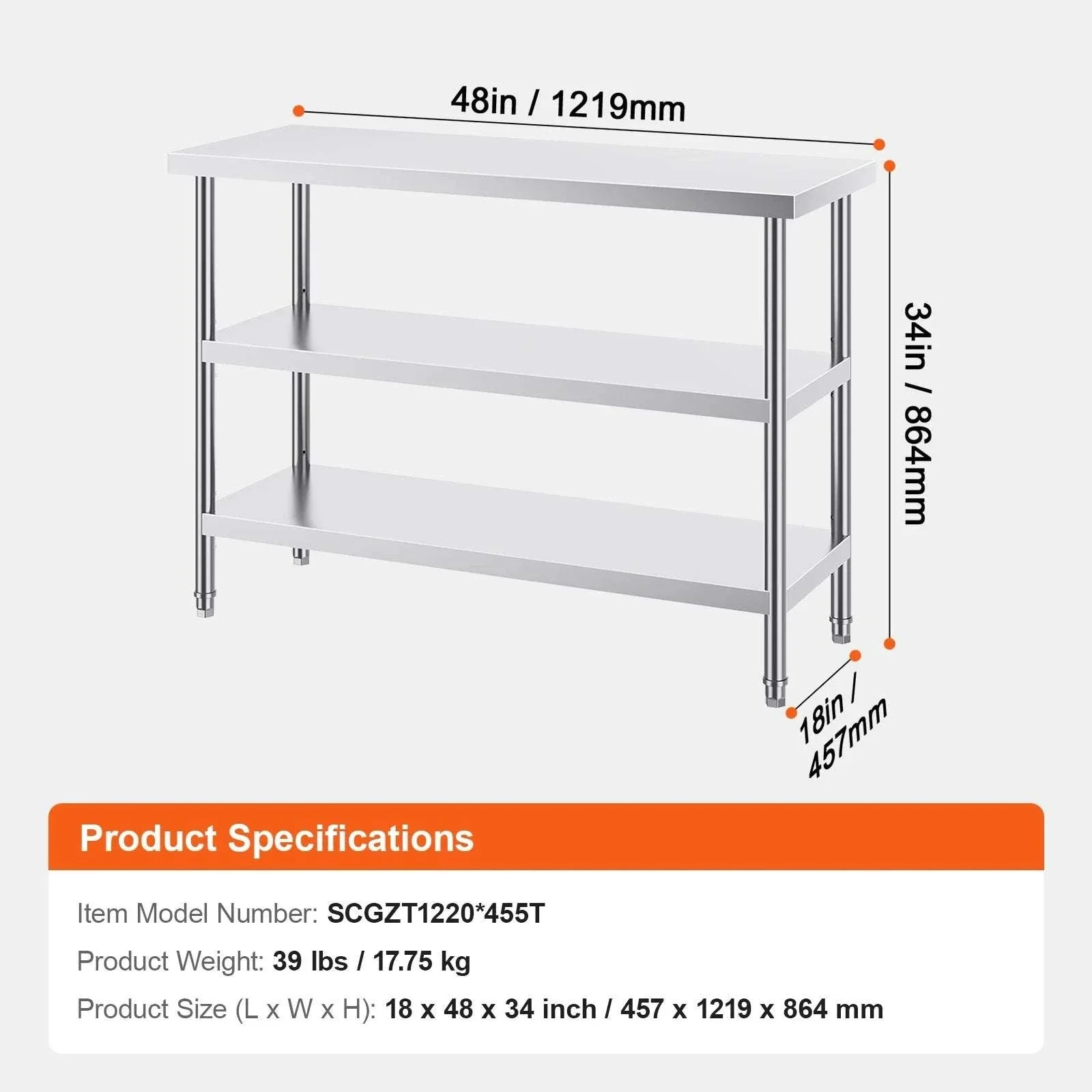 Stainless Steel Food Prep Table with Adjustable Shelves for Kitchen - Image 20