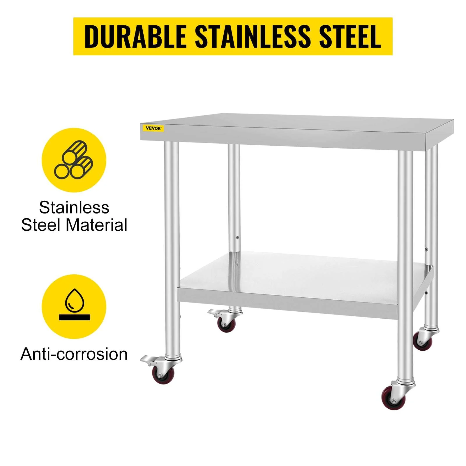 Stainless Steel Kitchen Prep Table with Wheels & Adjustable Shelf - Image 11