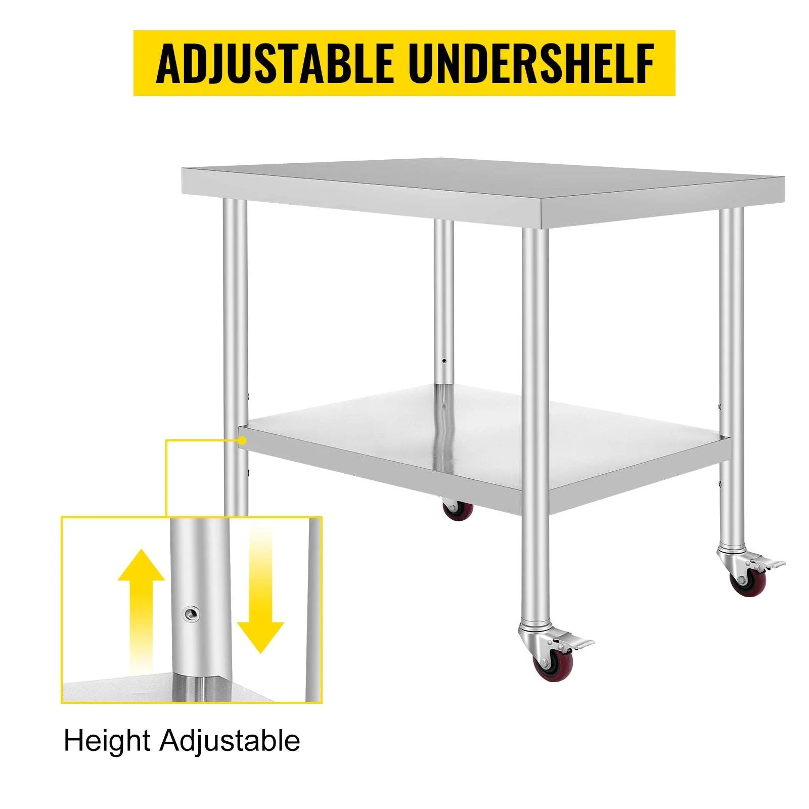 Stainless Steel Kitchen Prep Table with Wheels & Adjustable Shelf - Image 14