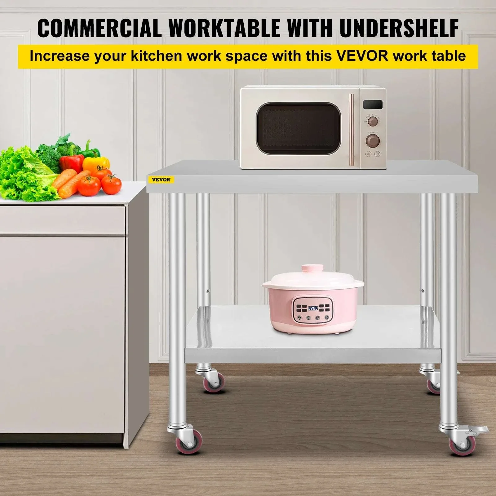 Stainless Steel Kitchen Prep Table with Wheels & Adjustable Shelf - Image 2