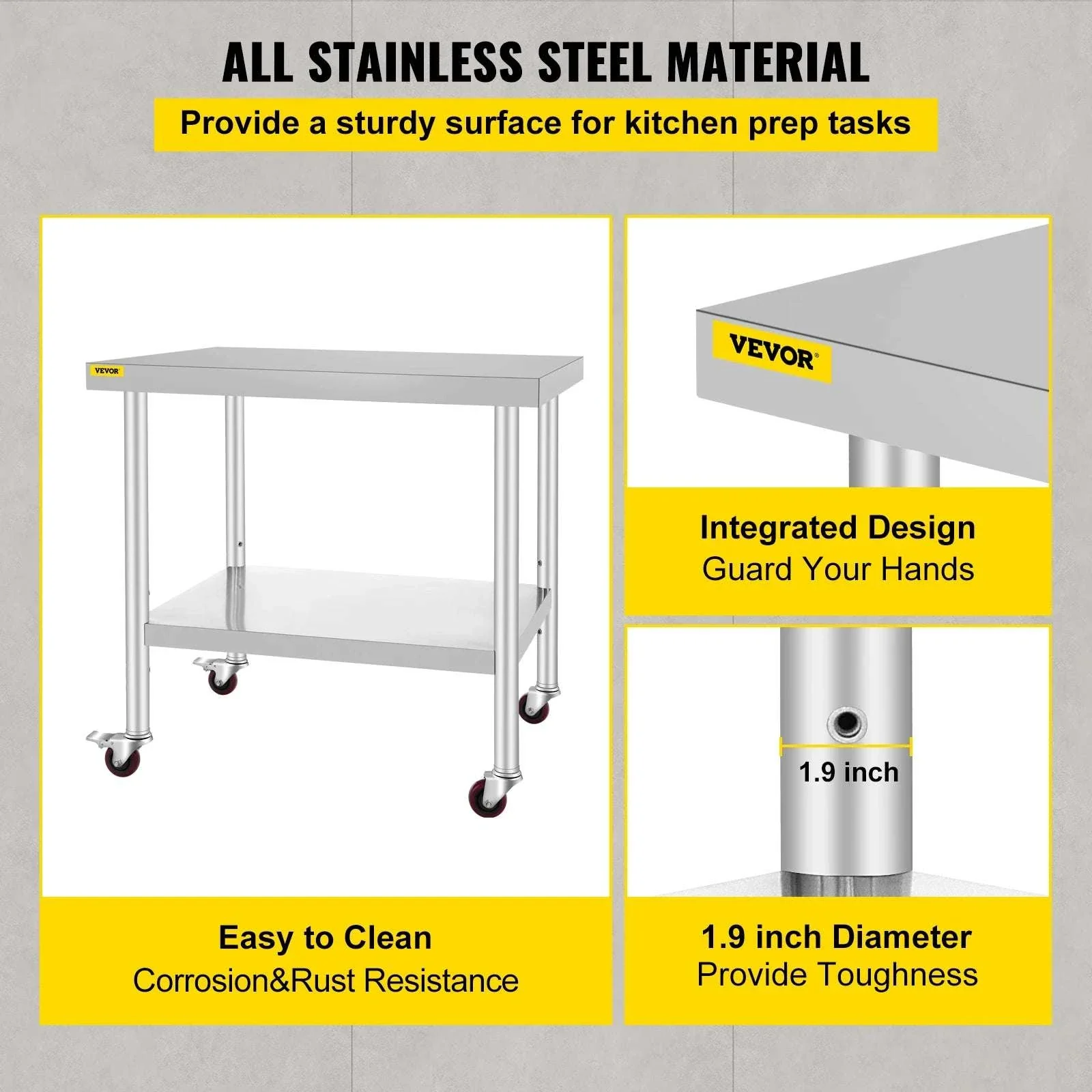 Stainless Steel Kitchen Prep Table with Wheels & Adjustable Shelf - Image 3