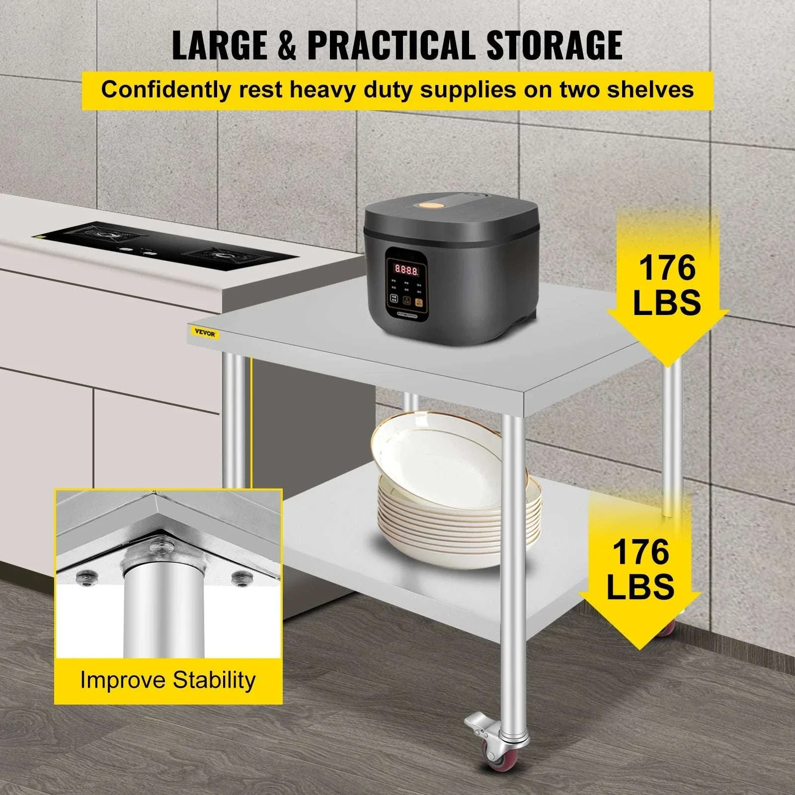 Stainless Steel Kitchen Prep Table with Wheels & Adjustable Shelf - Image 4
