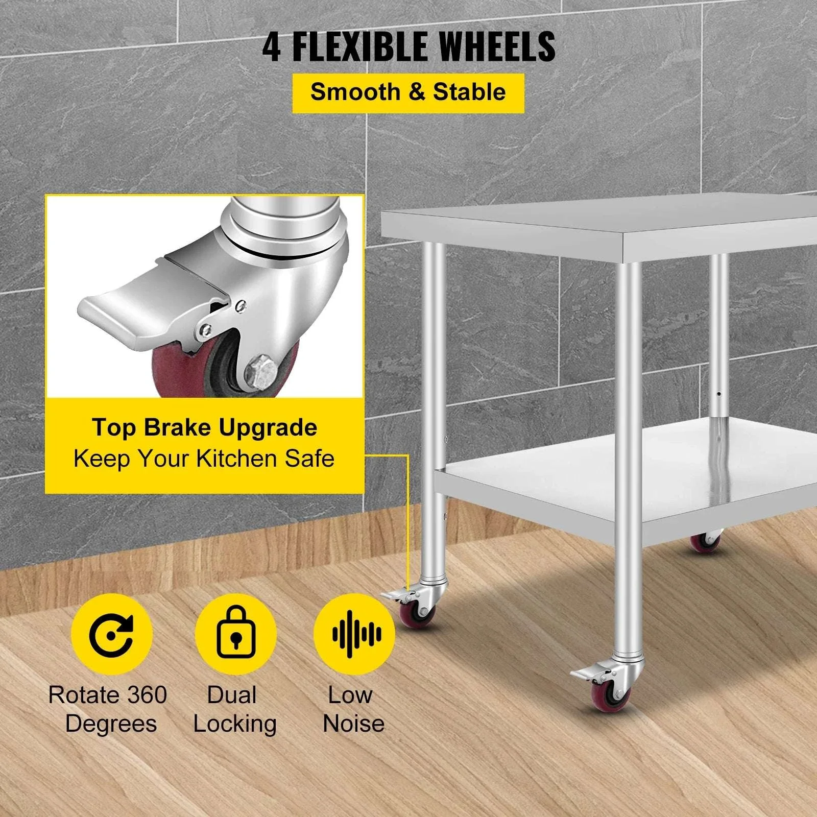 Stainless Steel Kitchen Prep Table with Wheels & Adjustable Shelf - Image 5