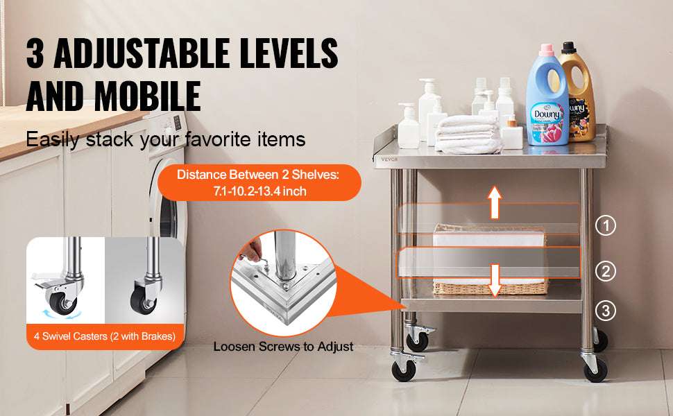 Stainless Steel Work Table with Wheels & Backsplash Prep Station - Image 10