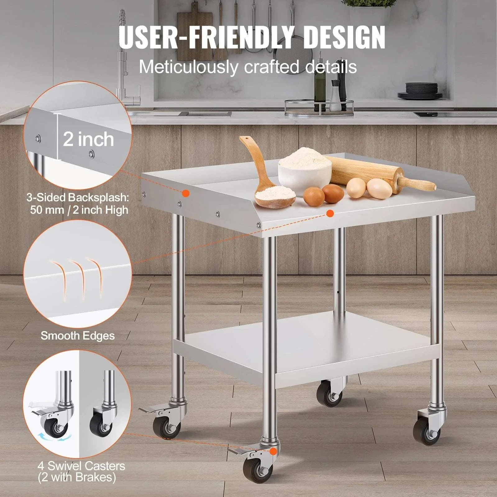 Stainless Steel Work Table with Wheels & Backsplash Prep Station - Image 2