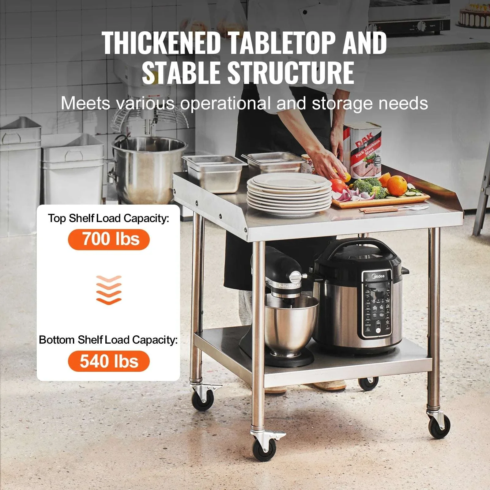 Stainless Steel Work Table with Wheels & Backsplash Prep Station - Image 6