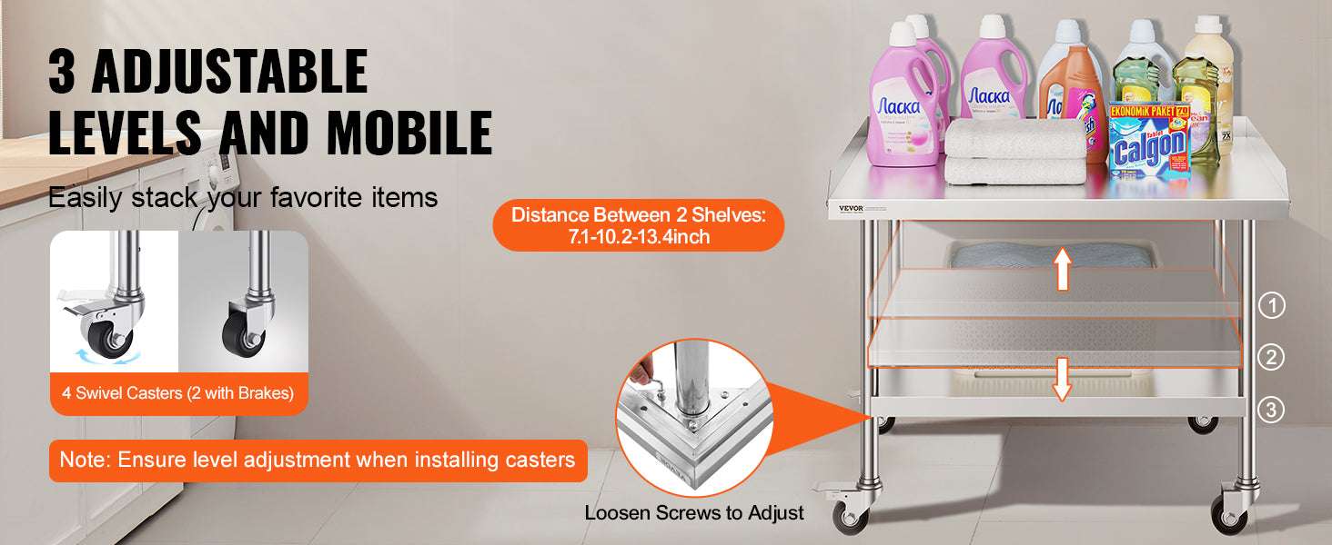 Stainless Steel Work Table with Wheels and Adjustable Shelf - Image 10