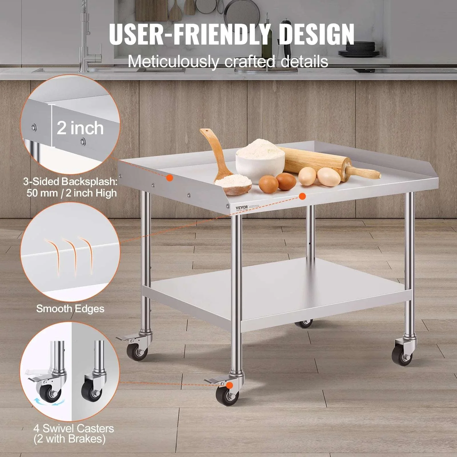 Stainless Steel Work Table with Wheels and Adjustable Shelf - Image 4