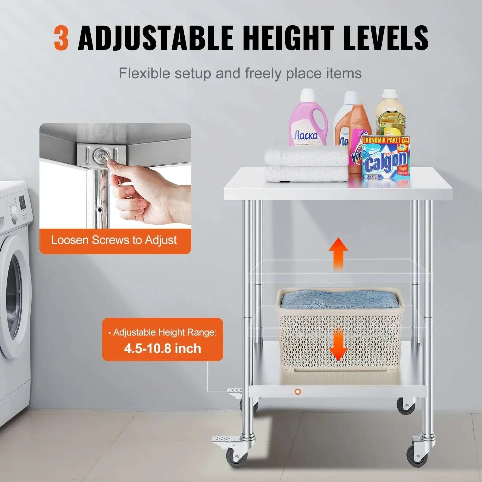 Stainless Steel Work Table with Wheels & Adjustable Shelves - Image 3