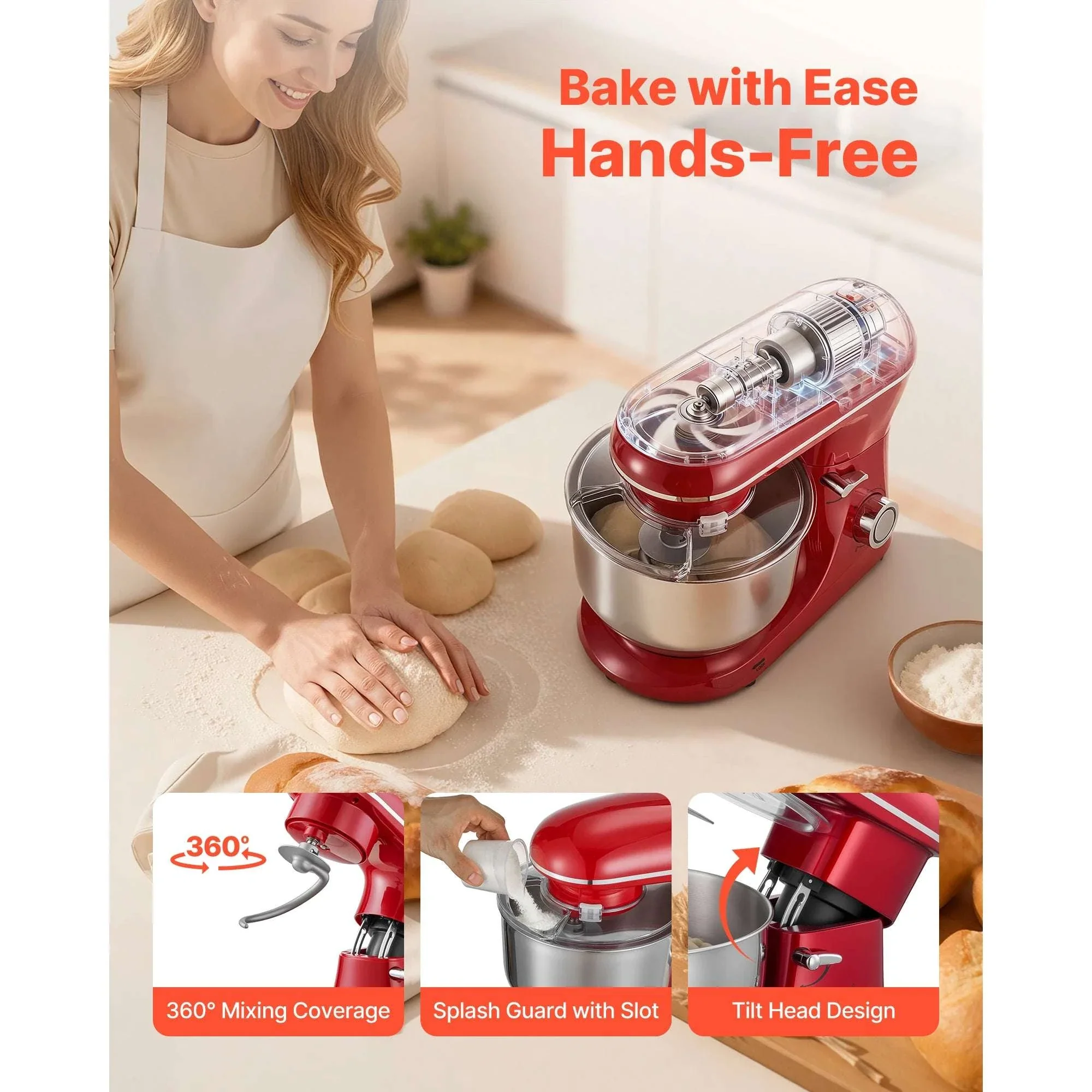 6QT Electric Stand Mixer with 6 Speeds & Stainless Steel Bowl - Image 4