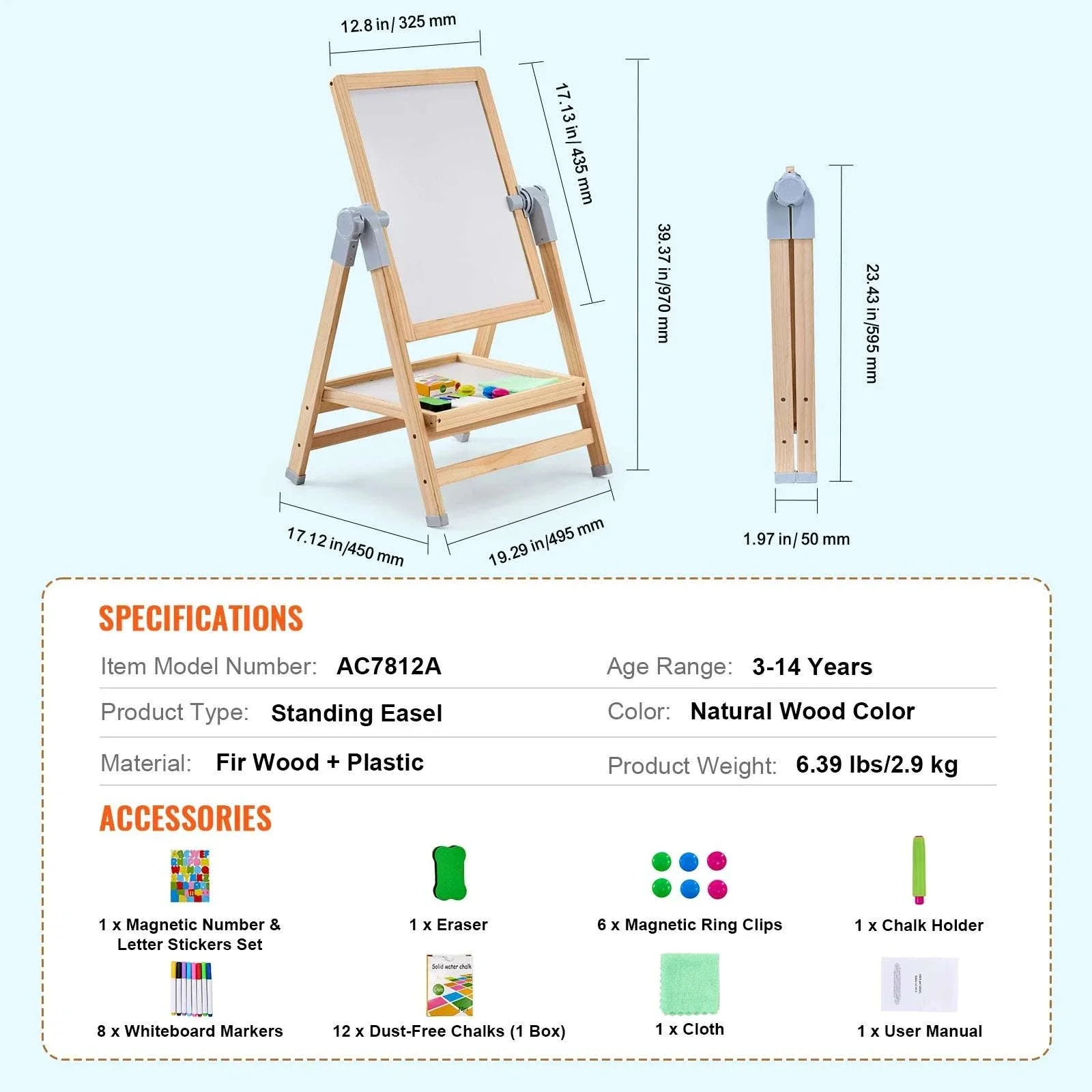 Kids Art Easel with Magnetic Board and Adjustable Height - Image 14