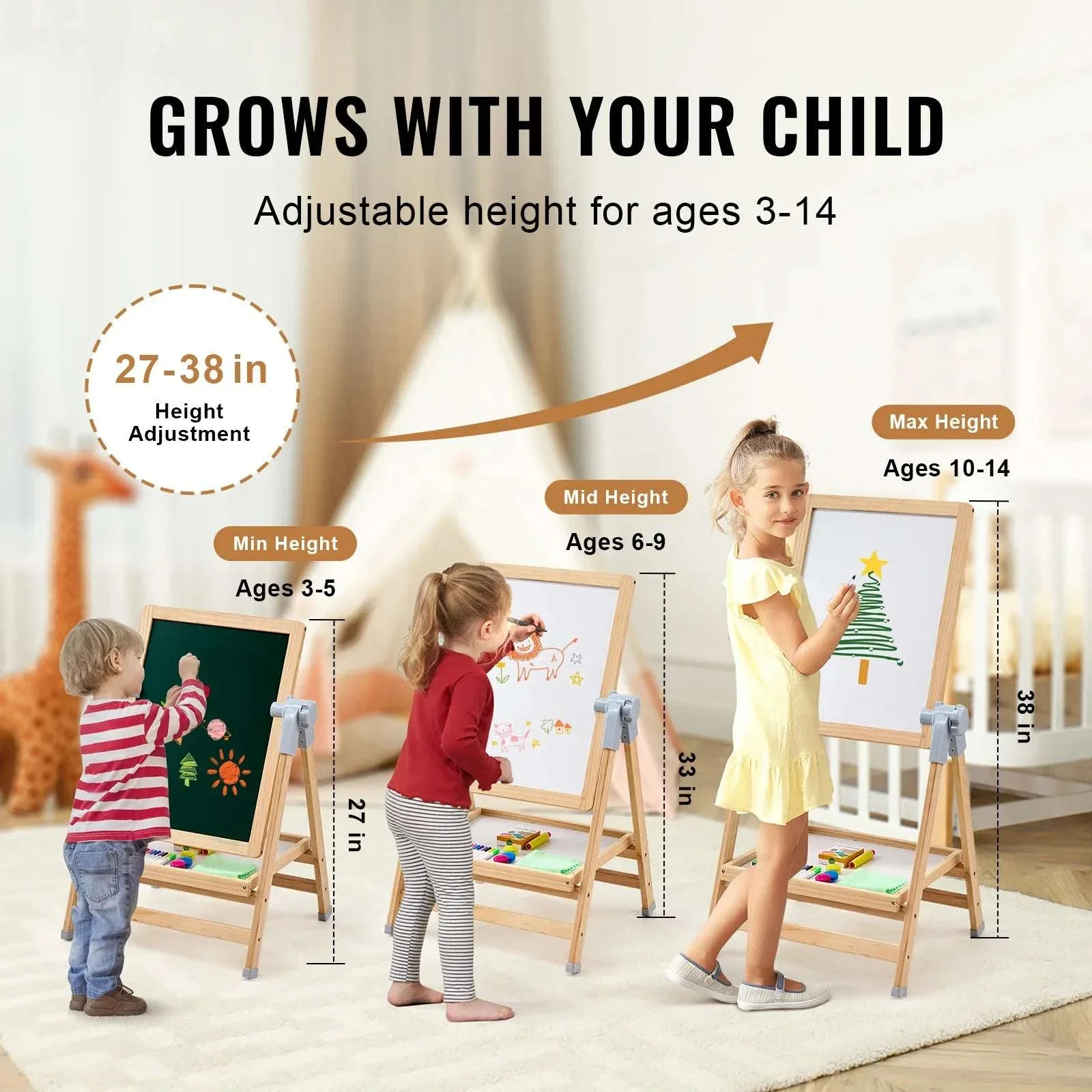 Kids Art Easel with Magnetic Board and Adjustable Height - Image 4