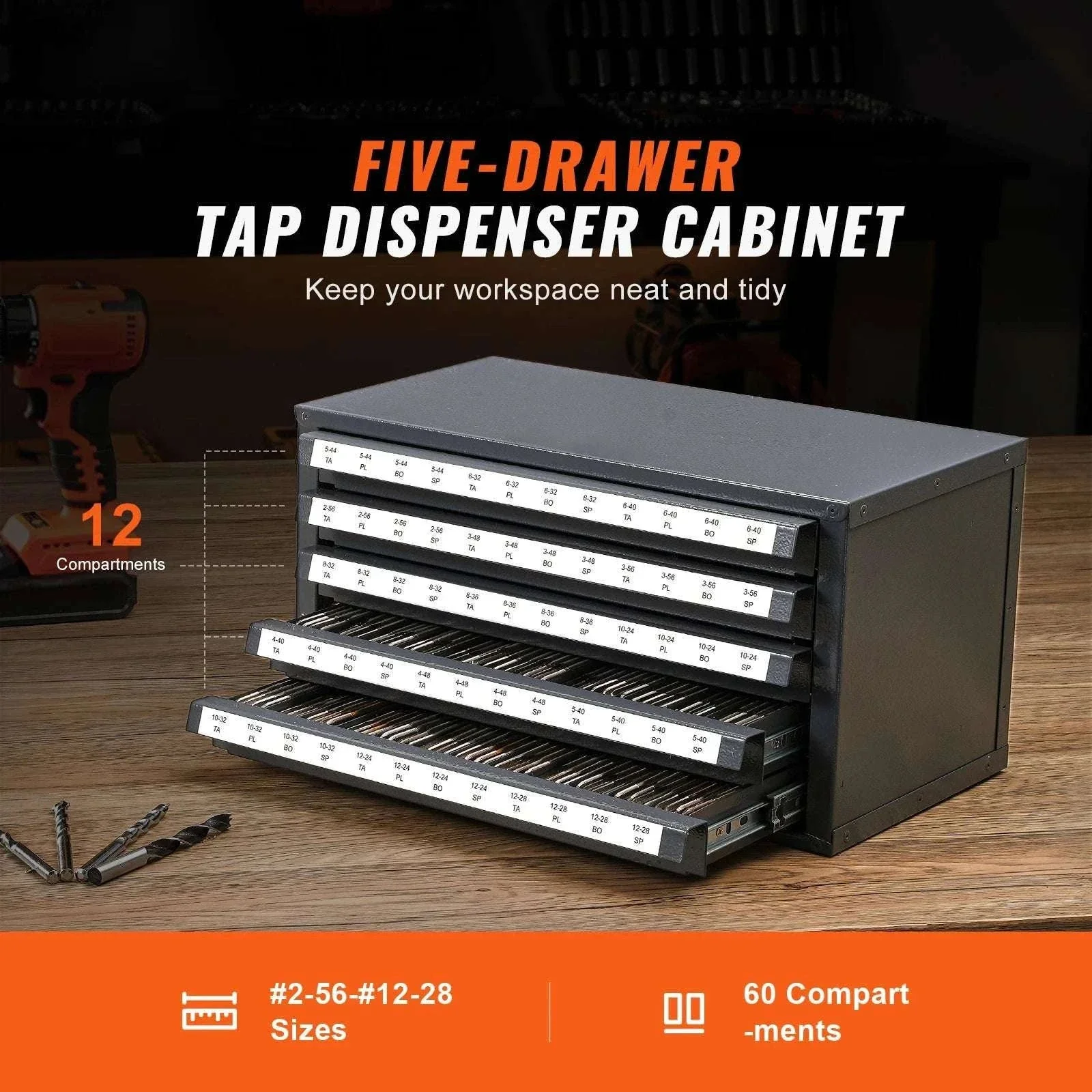 Steel Drill Bit Organizer Cabinet with Drawers and Labeled Slots - Image 2