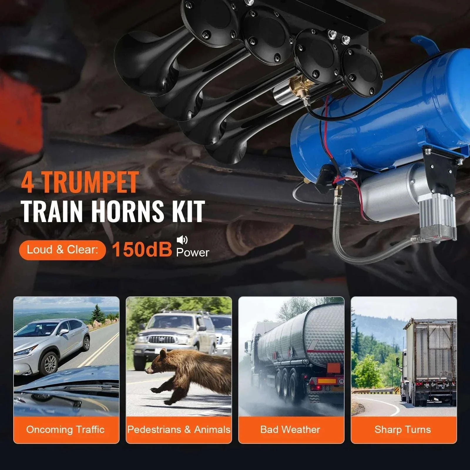 150dB 4 Trumpet Train Horn Kit with 12V Compressor & Air Tank - Image 2