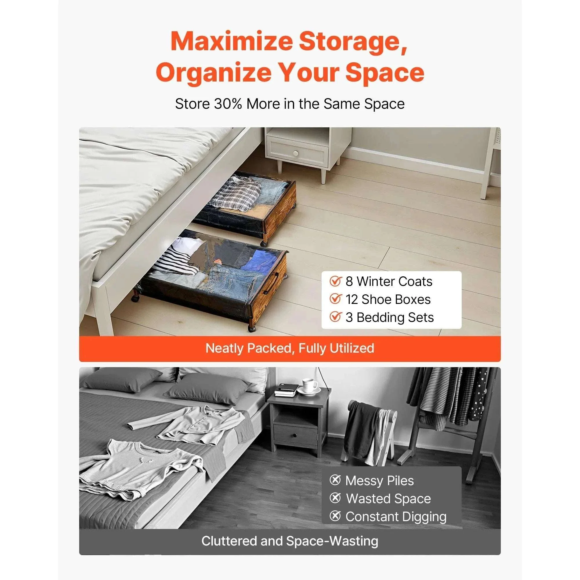 Under Bed Storage Organizer with Wheels and Clear Lid Bins - Image 6