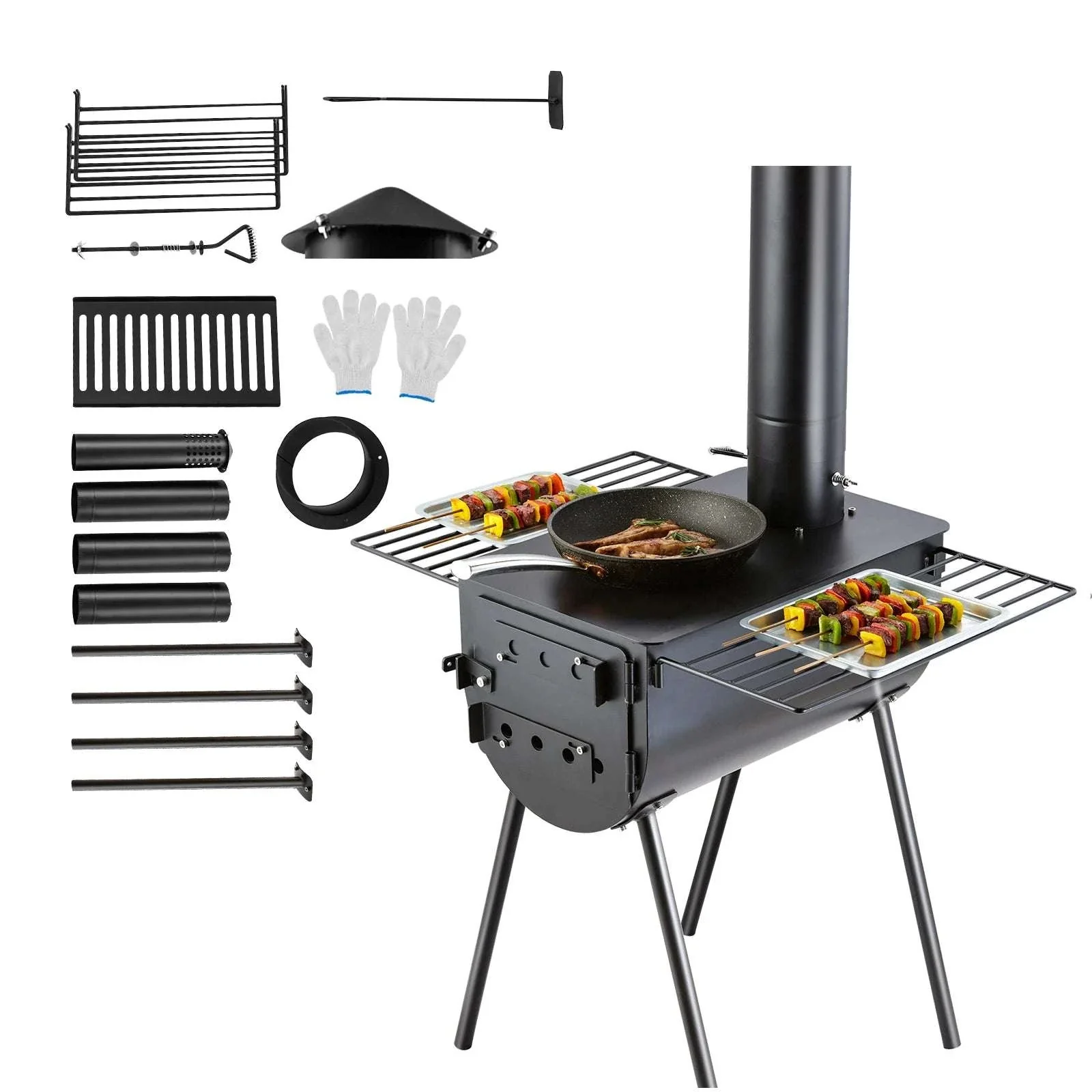 Portable Camping Wood Stove with Chimney & Cooking Shelves