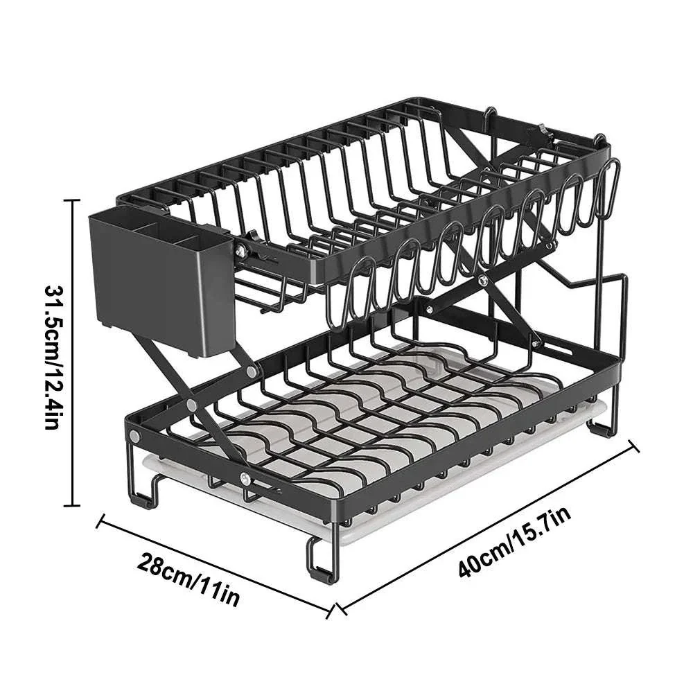 Two-Tier Foldable Over Sink Dish Rack with Utensil & Board Holder - Image 15